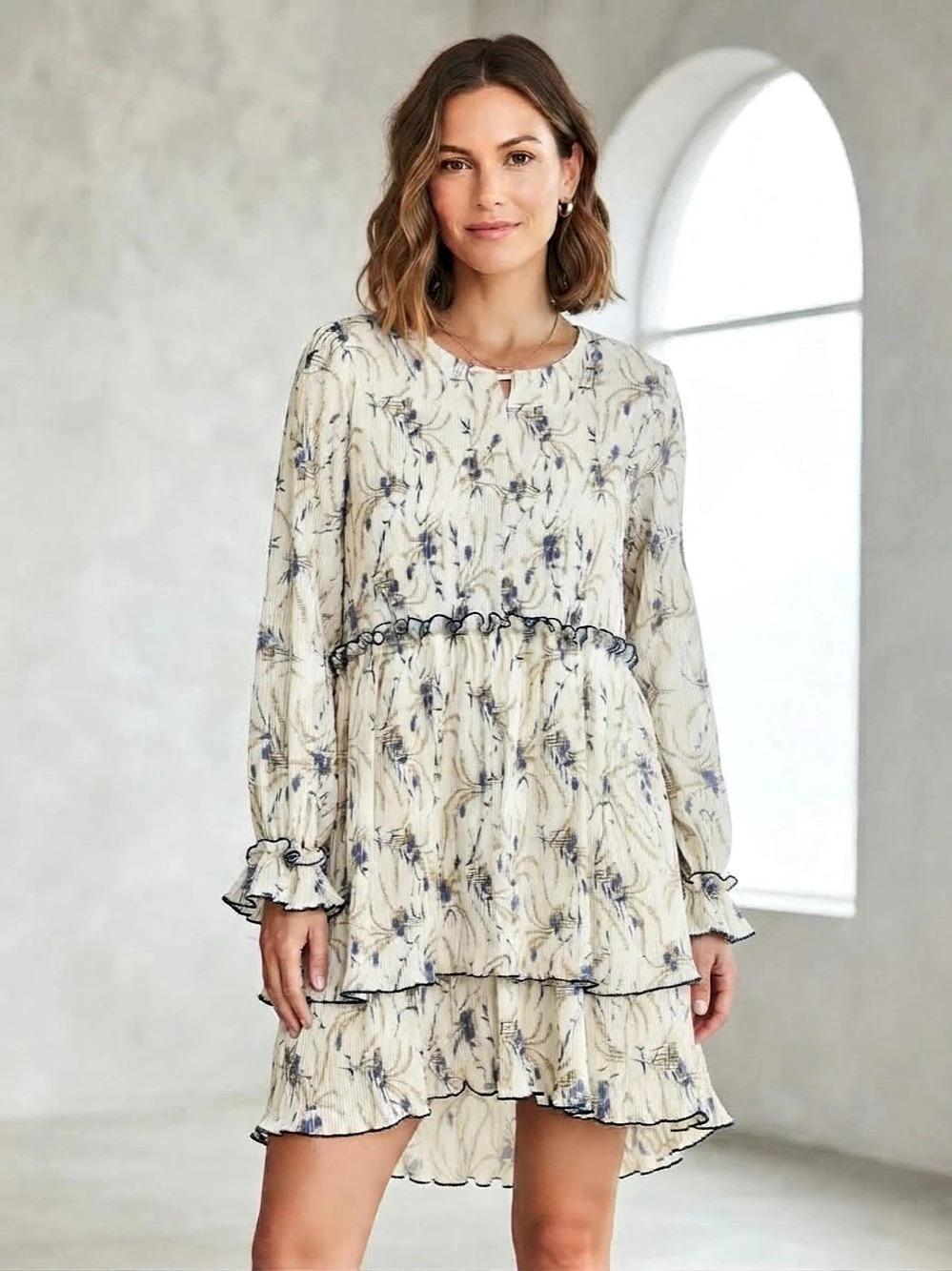 Hayden (L) Floral Mini Dress in Cream & Blue Boutique